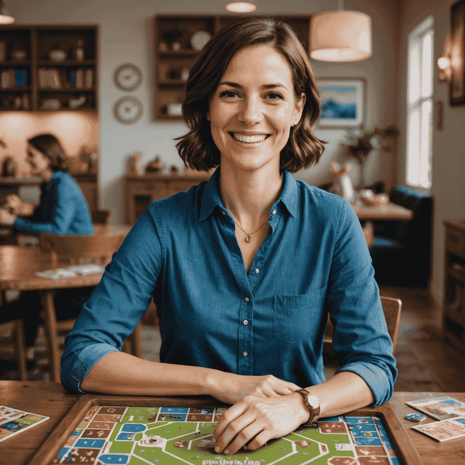 Sarah Thompson, founder of Playhivera, smiling while holding a board game. She has short brown hair and is wearing a blue shirt.