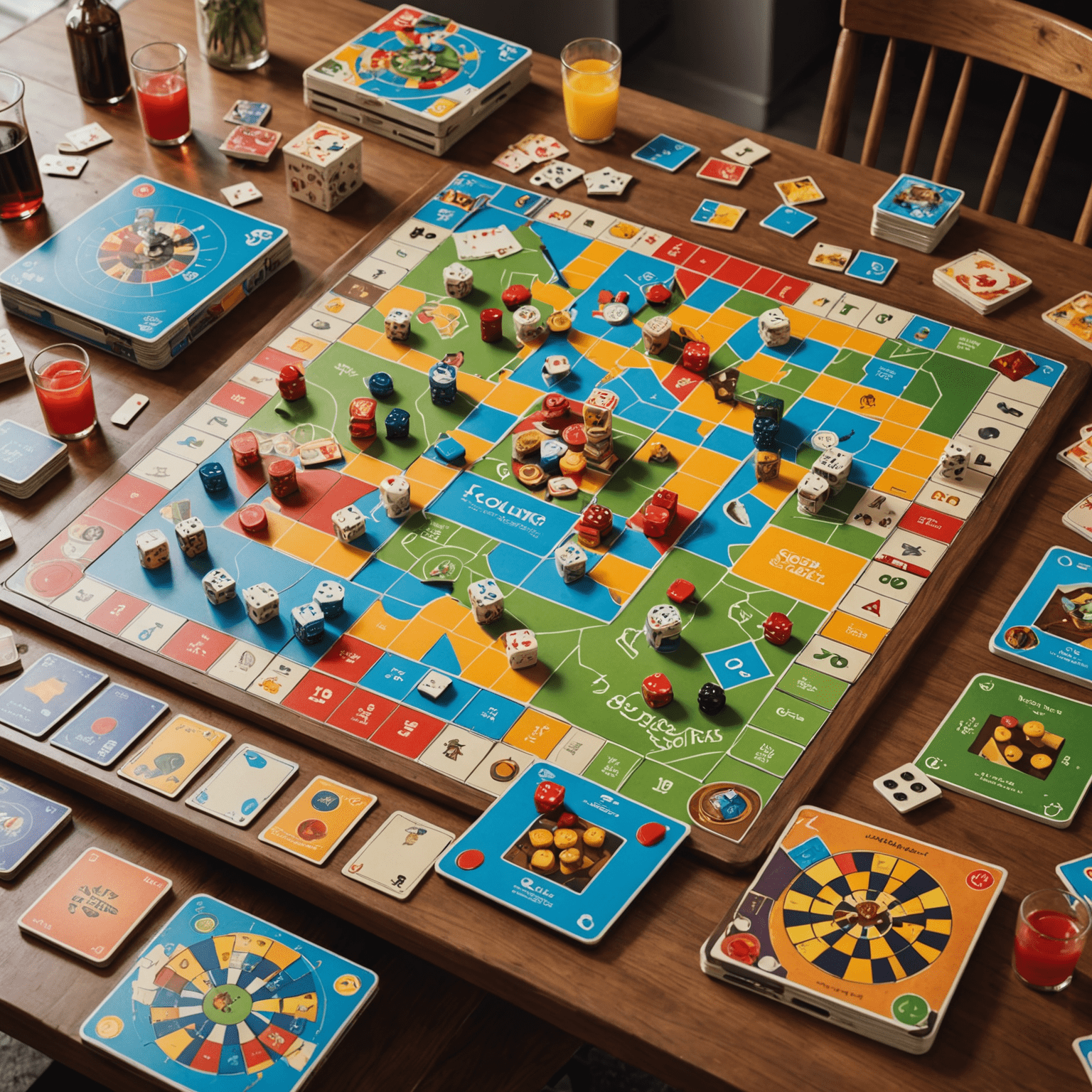 Various colorful board games spread out on a table, ready for a party with friends