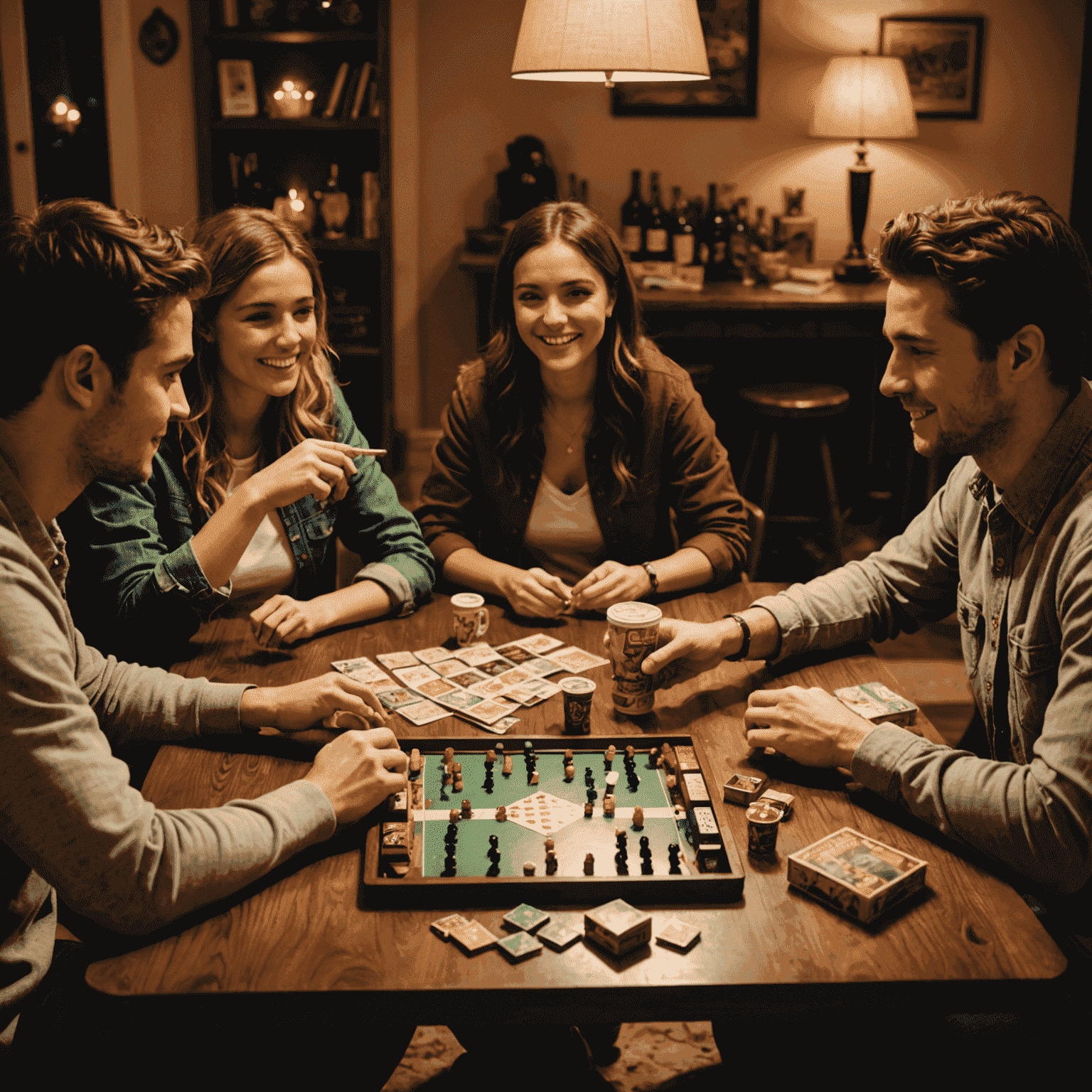 A group of friends gathered around a table, playing board games. The table is filled with various game boxes, snacks, and drinks. The room has warm lighting and a cozy atmosphere.