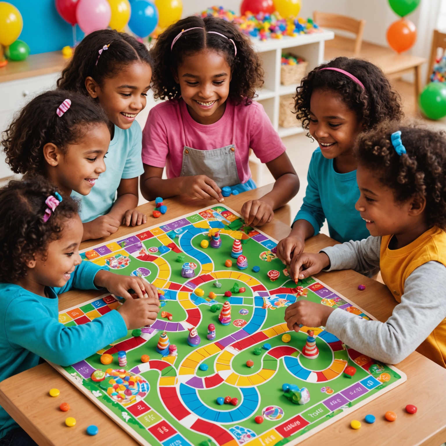 A group of young children playing Candy Land, with its colorful board and pieces visible. The children are smiling and engaged, demonstrating the game's appeal to this age group.