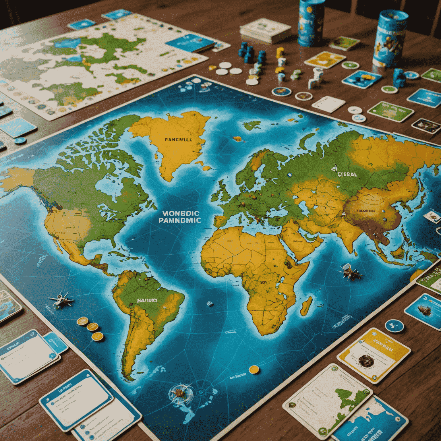 Pandemic board game setup with cards, tokens, and a world map board