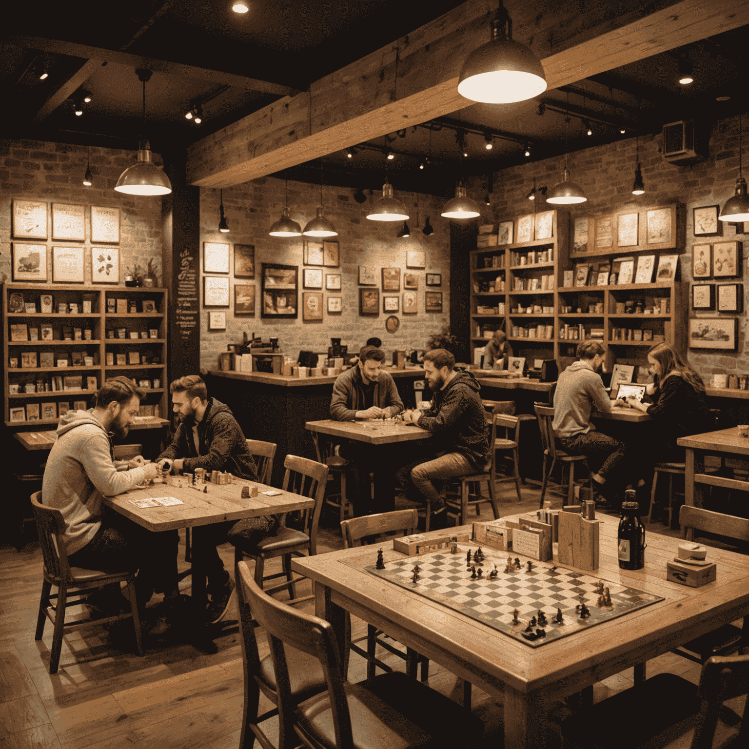 A cozy board game cafe interior with wooden tables, shelves filled with board games, and people playing games