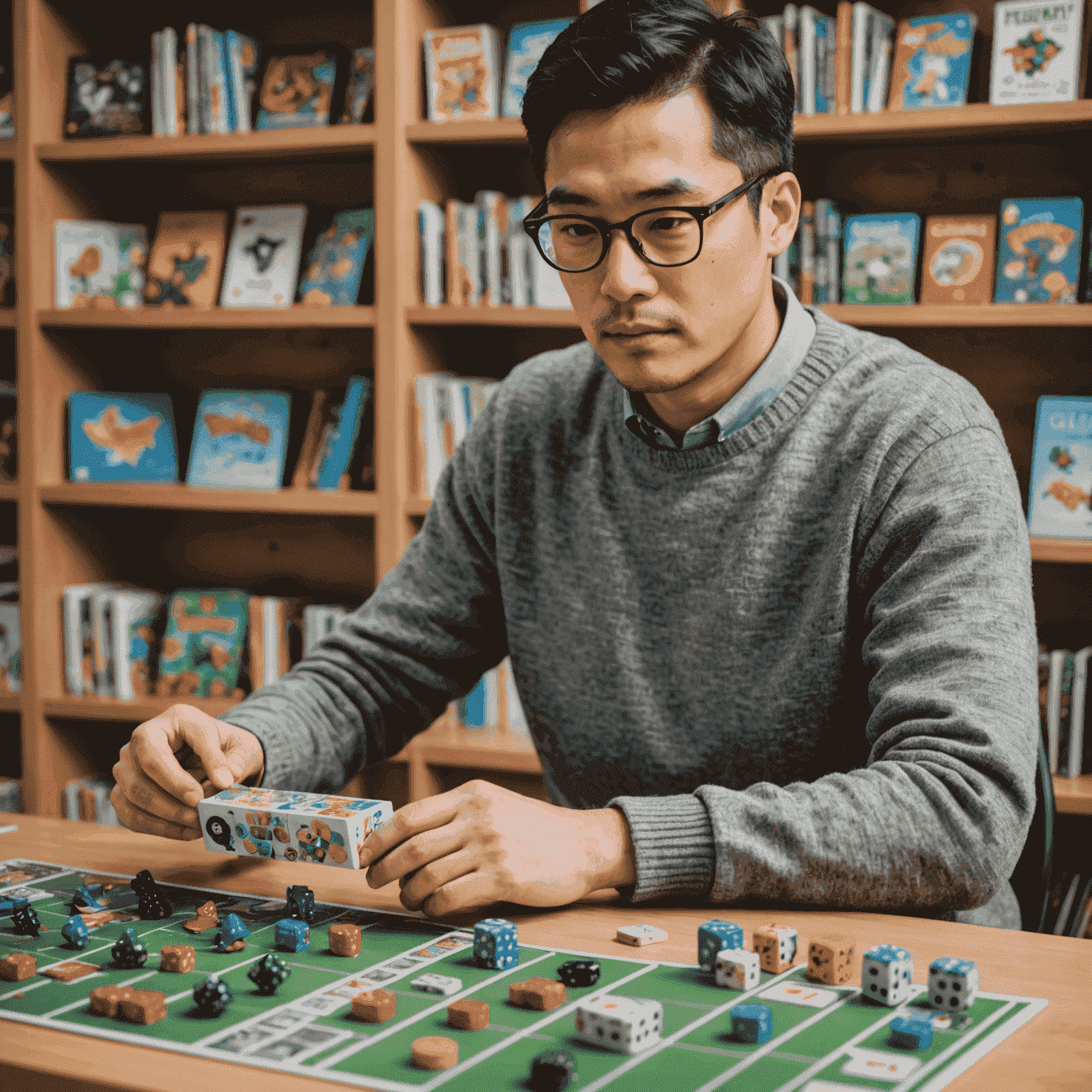 Michael Lee, head of game curation at Playhivera, arranging board games on a shelf. He has black-rimmed glasses and is wearing a grey sweater.