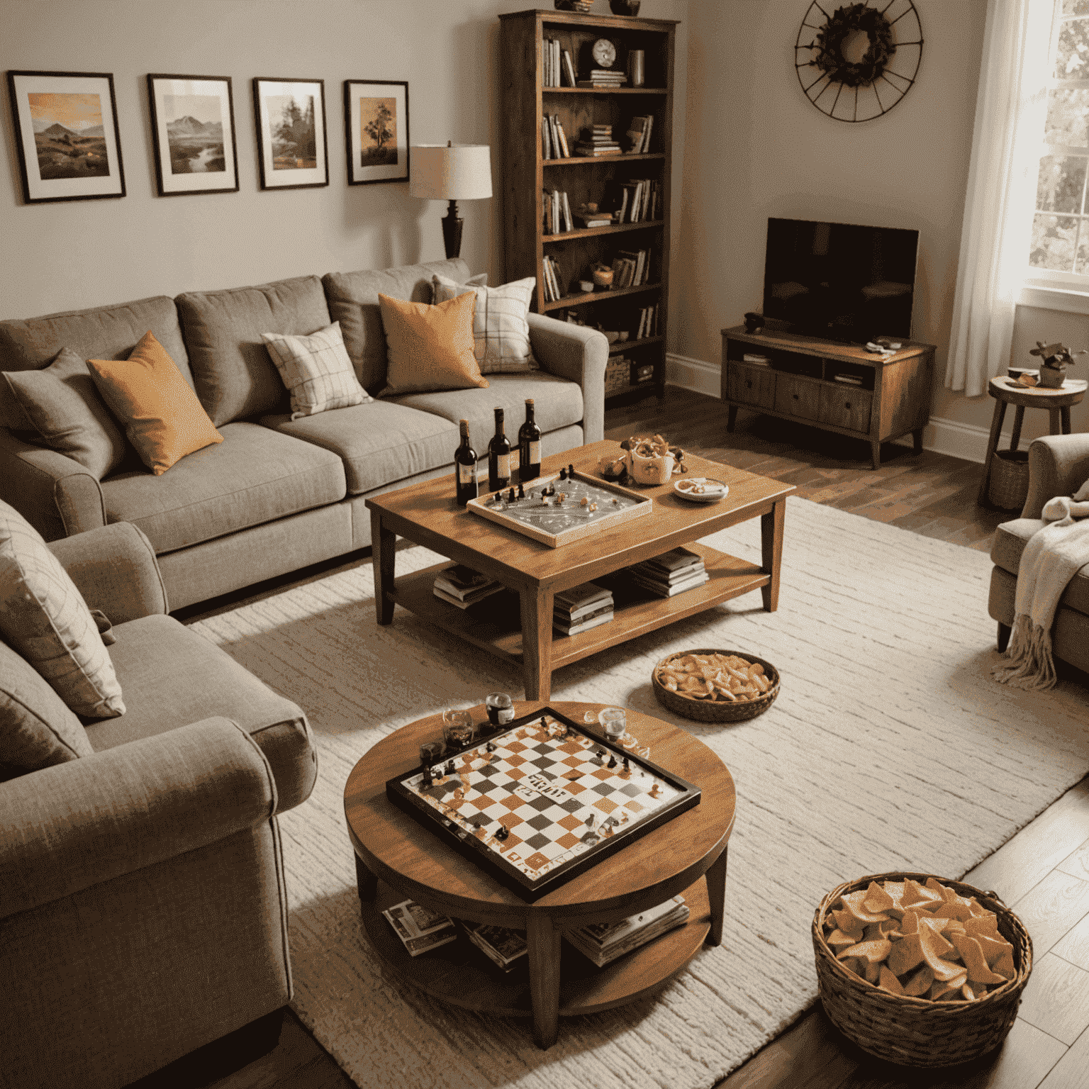 A cozy living room set up for a board game night, with snacks, drinks, and games ready to play