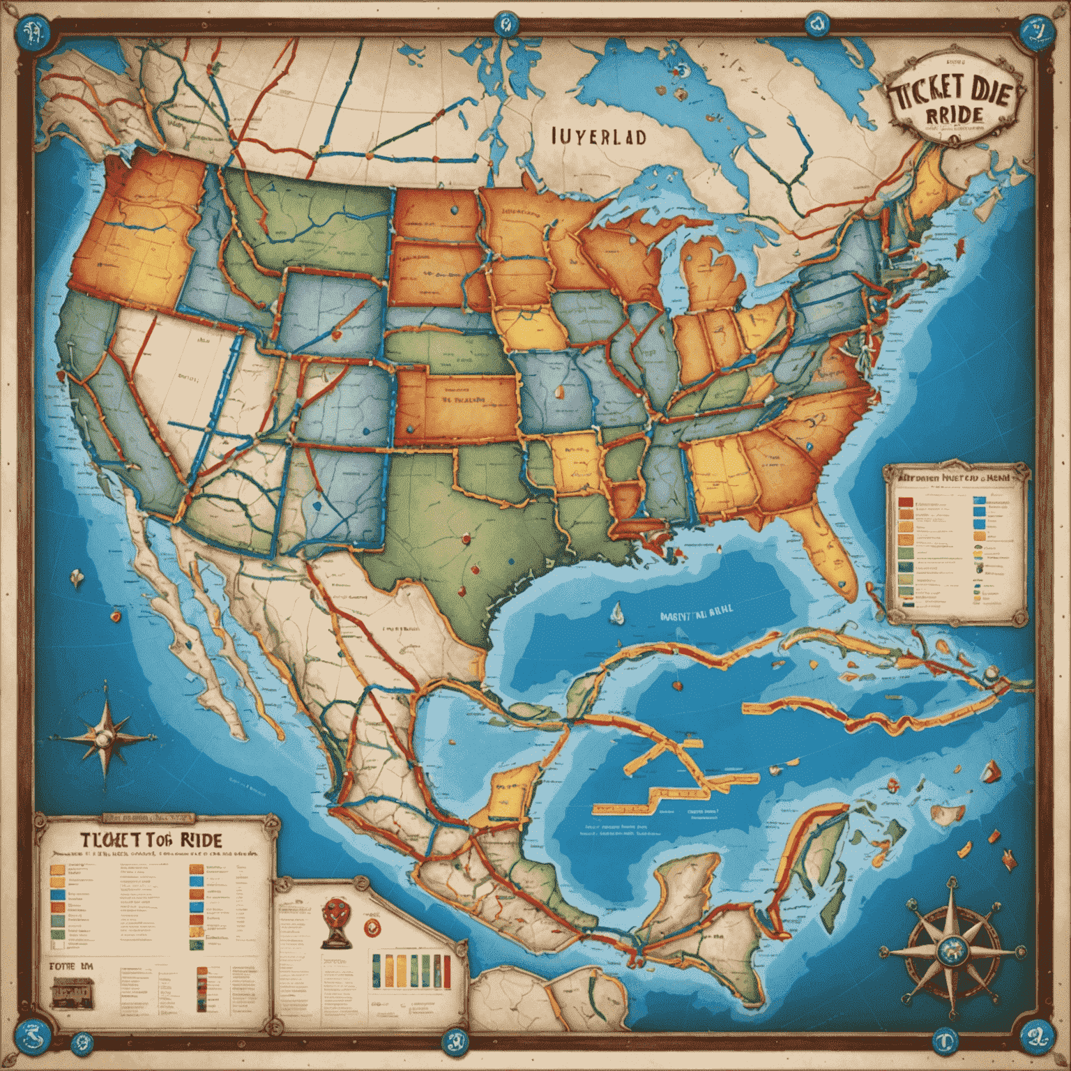 Ticket to Ride game board with colorful train routes across a map of North America