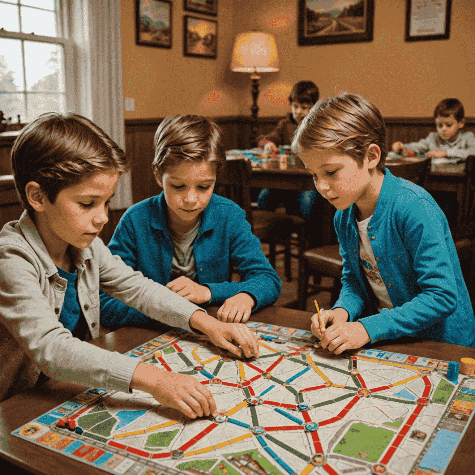 A family playing Ticket to Ride, focusing on older children studying the game board intently. The colorful train routes and cards are prominently displayed, showcasing the game's complexity suitable for this age group.
