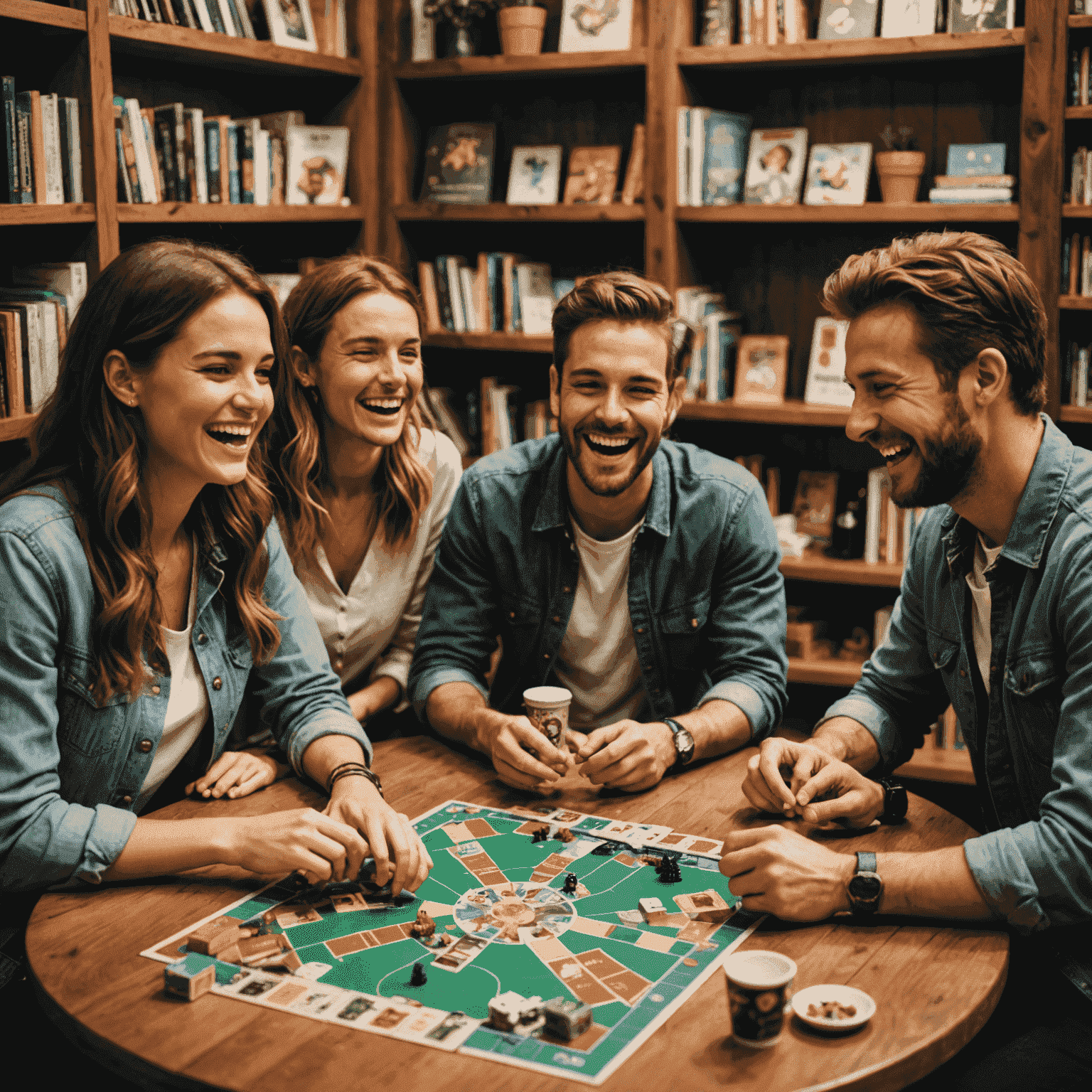 A group of friends laughing and playing a board game at a cafe table surrounded by bookshelves full of games