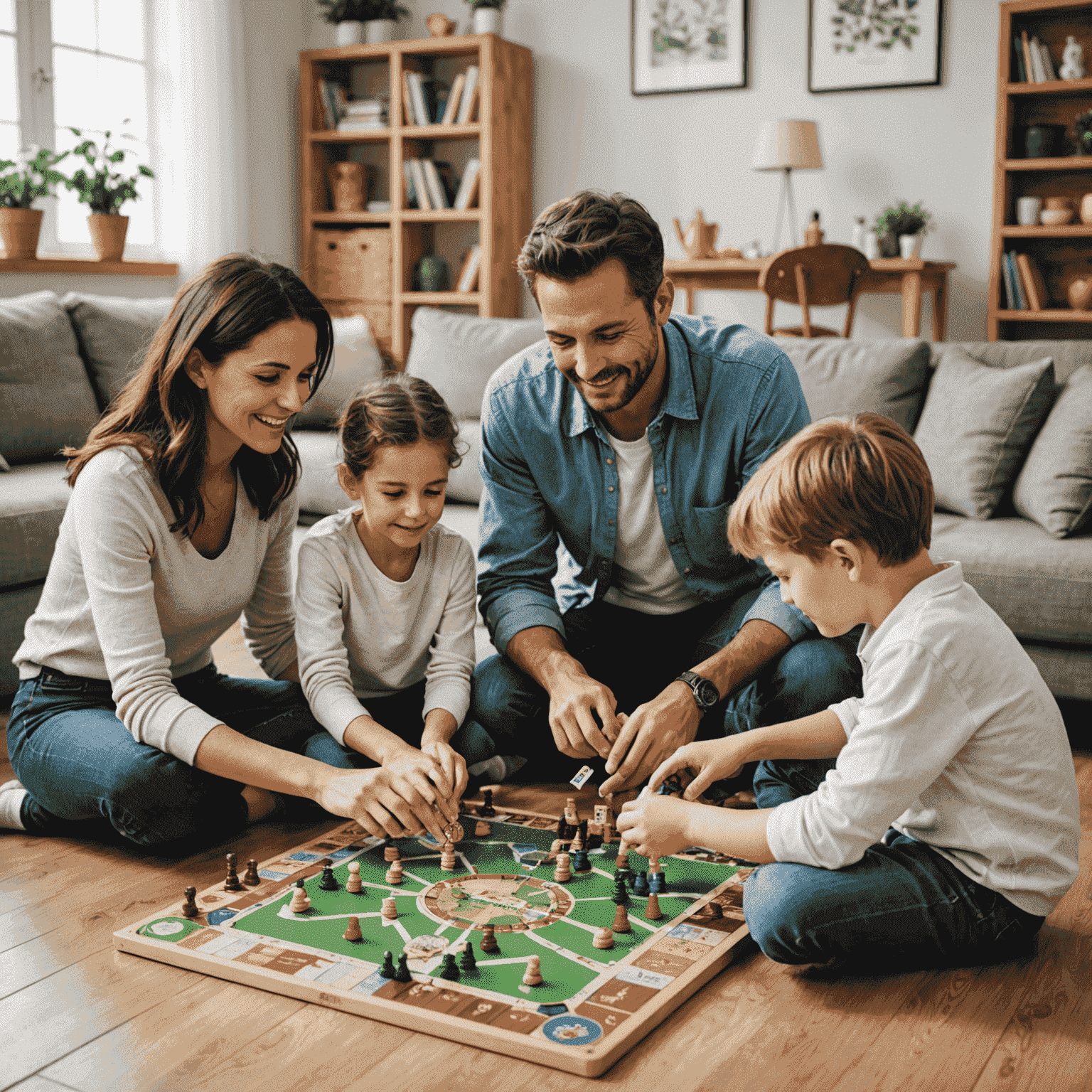 A family playing board games together, with games suitable for different age groups visible