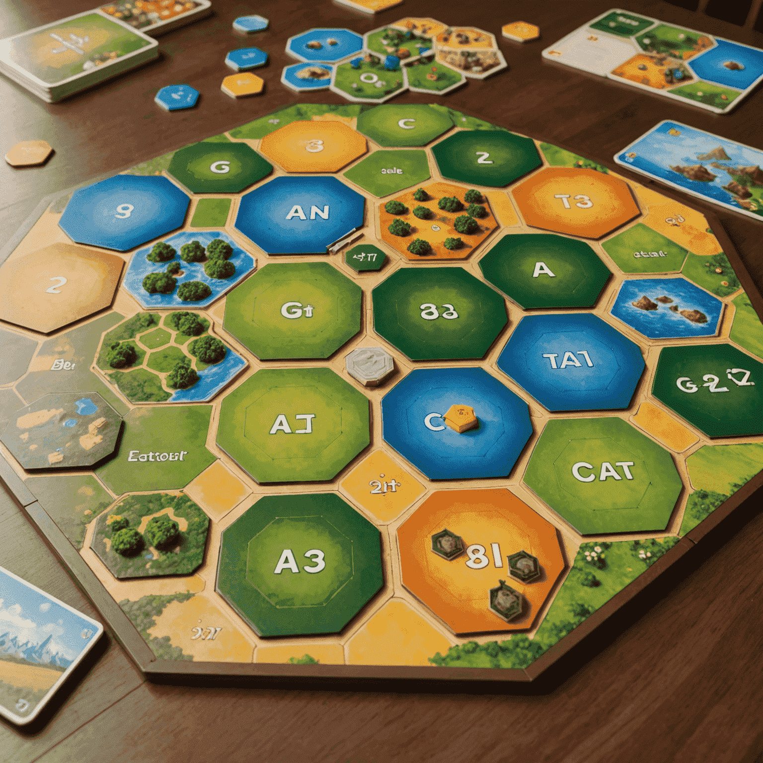 Catan game board set up with hexagonal tiles, settlements, and resource cards