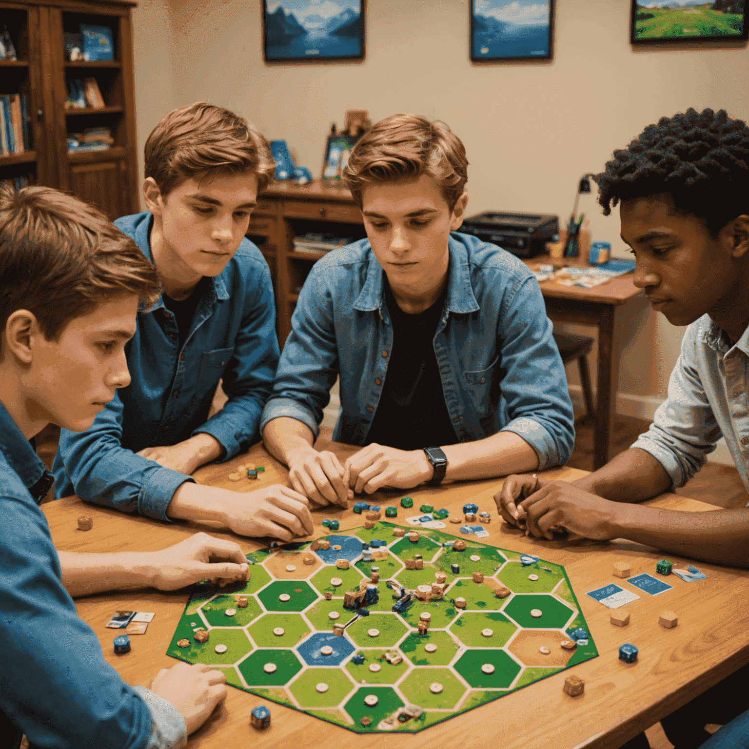 A group of teenagers engrossed in a game of Catan. The hexagonal tiles, settlements, and resource cards are visible, illustrating the game's strategic elements that appeal to this age group.