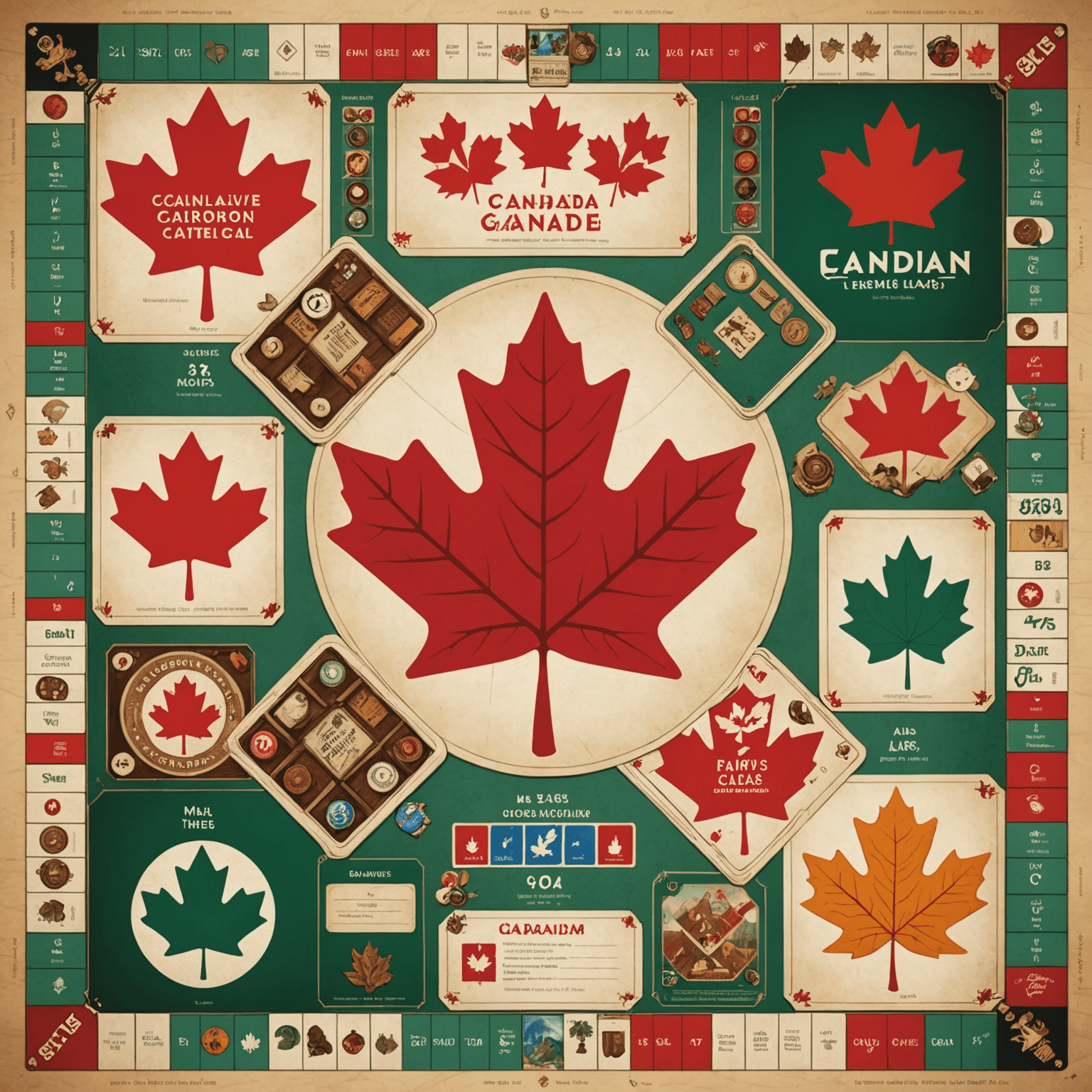 A collection of board games with Canadian themes and maple leaf logos, showcasing local game design