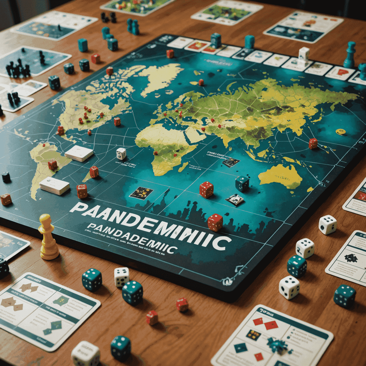 Pandemic game board with disease cubes, player pawns, and city cards