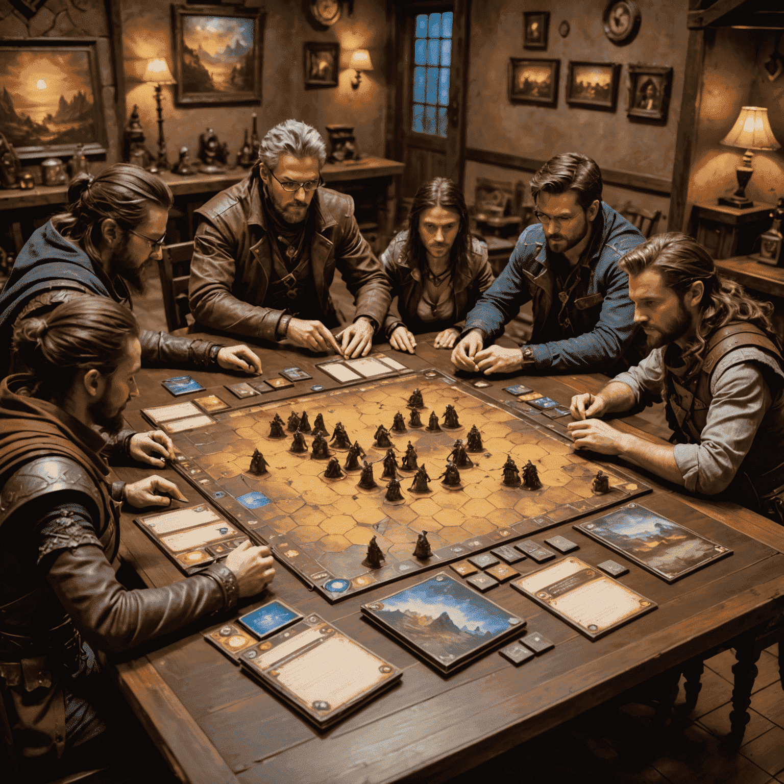 A table set up for an intense game of Gloomhaven, with its intricate miniatures, map tiles, and character sheets. Adult players are seen strategizing, highlighting the game's complexity and appeal to mature audiences.