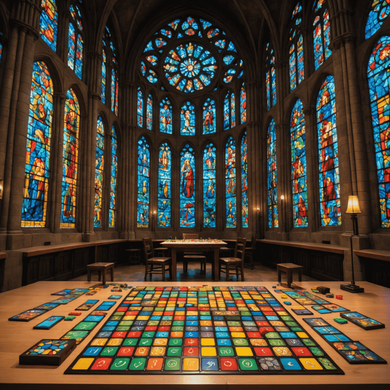 Sagrada game setup with colorful dice and player boards representing stained glass windows