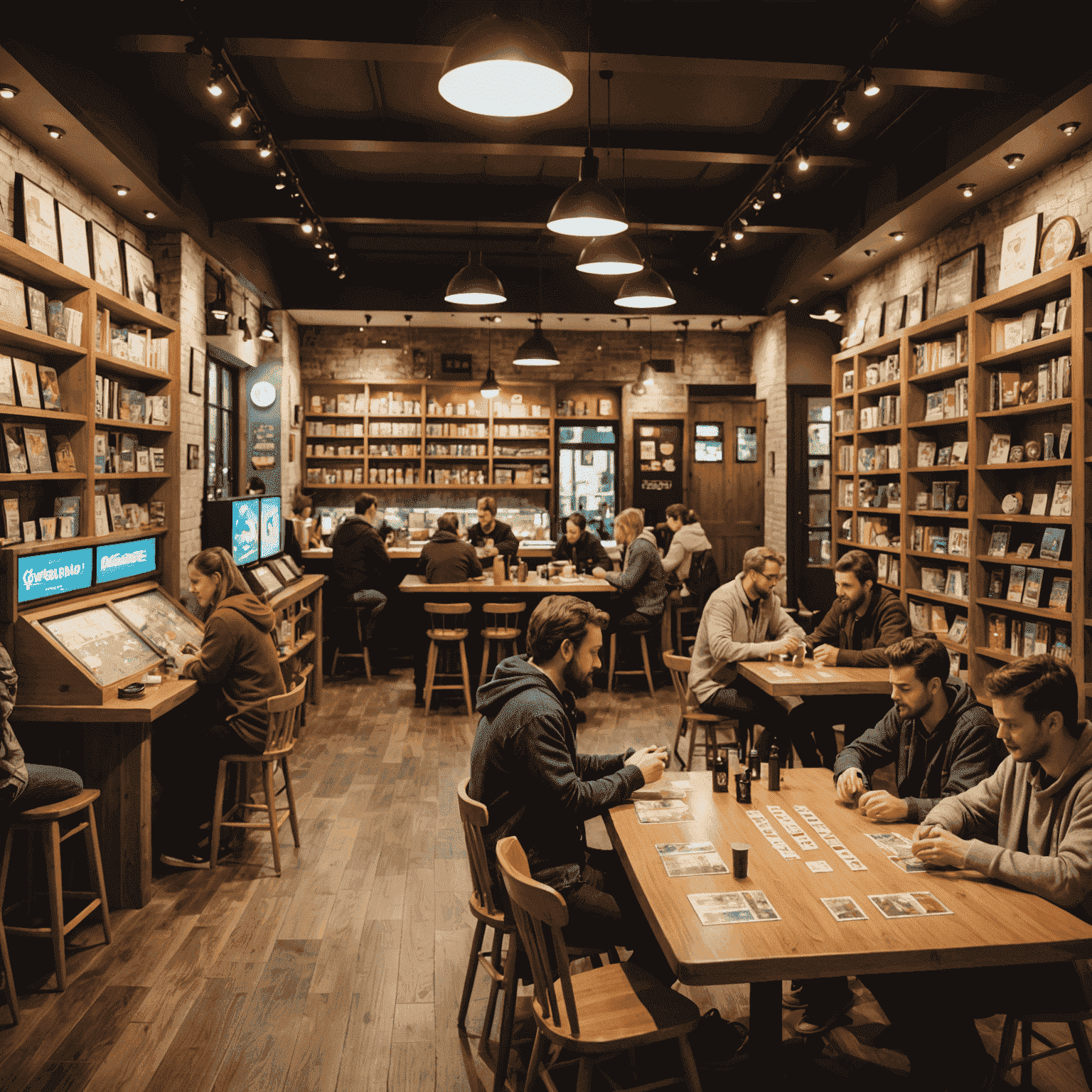 Interior of a cozy board game cafe with shelves full of games and people playing at tables