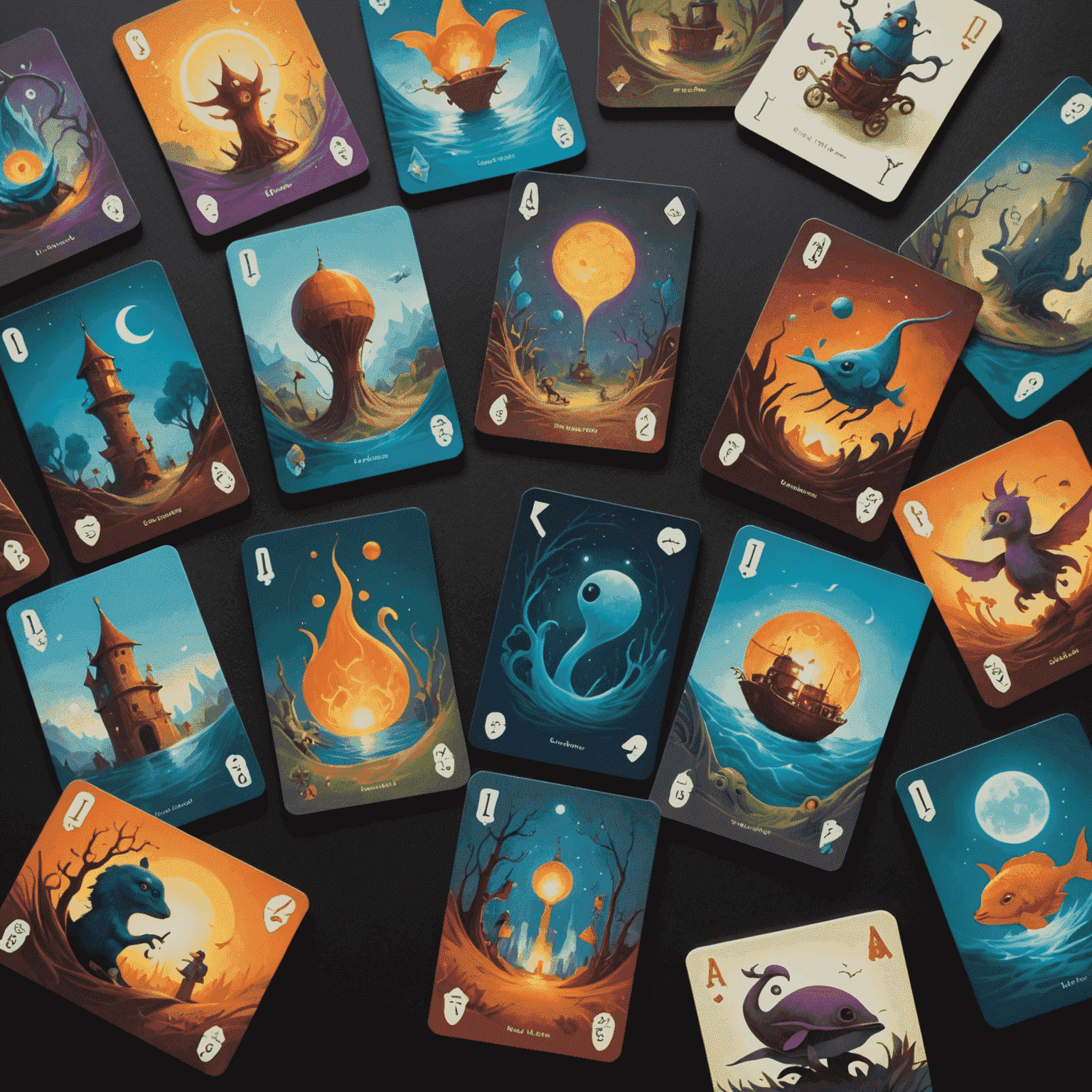 A spread of colorful and surreal Dixit cards showcasing the game's unique artwork