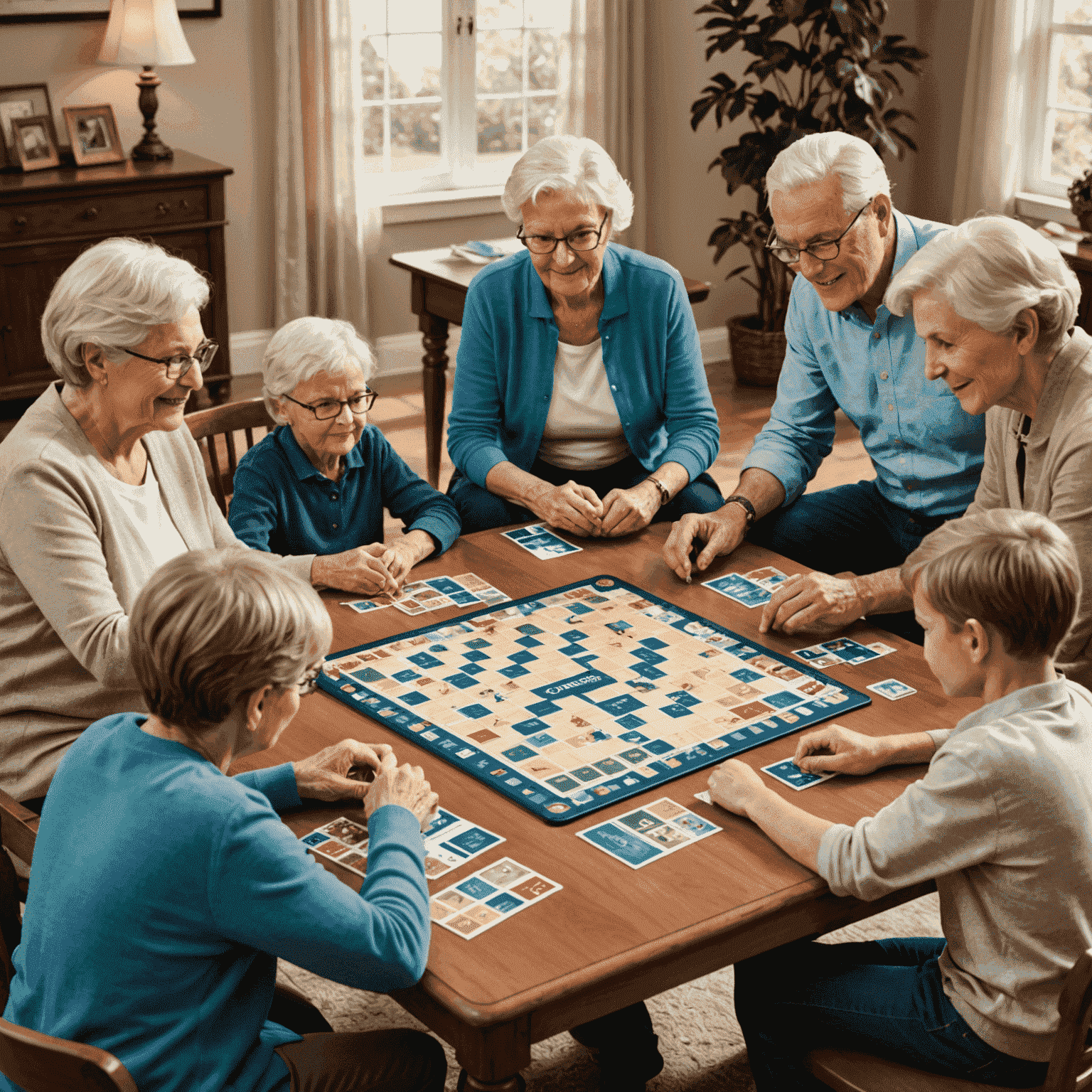 A multi-generational family gathered around a table playing Codenames. The image shows players of various ages, from grandparents to young children, all engaged and enjoying the game together.