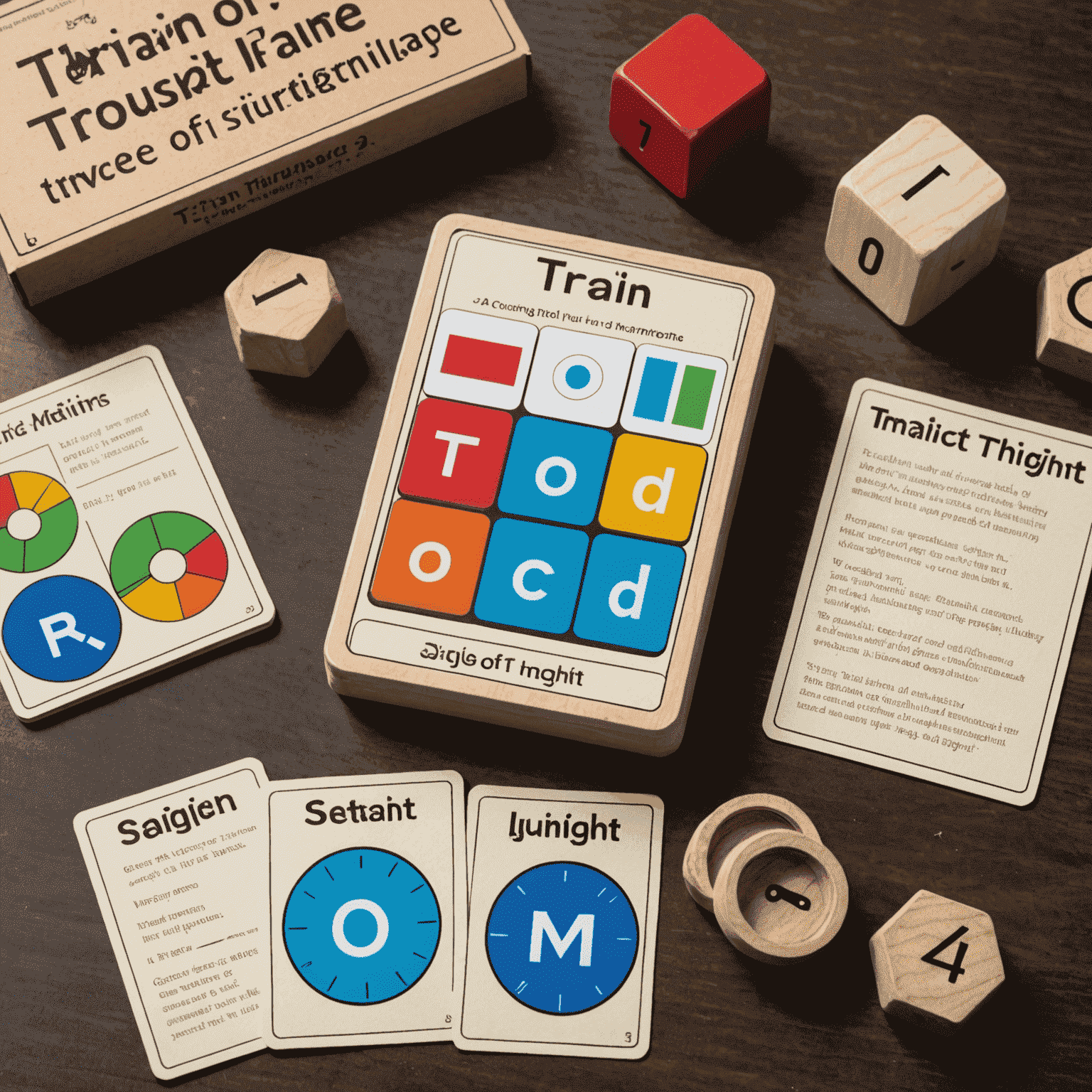 Train of Thought game components including word cards and a timer