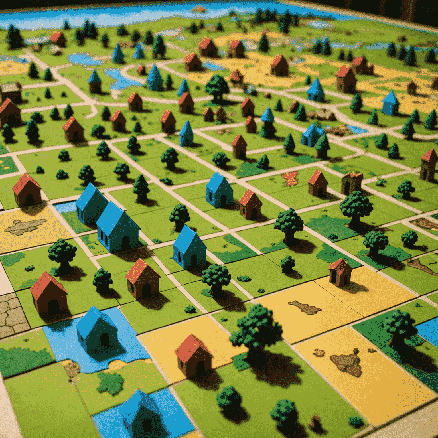 Carcassonne game in progress showing a partially built landscape with meeples
