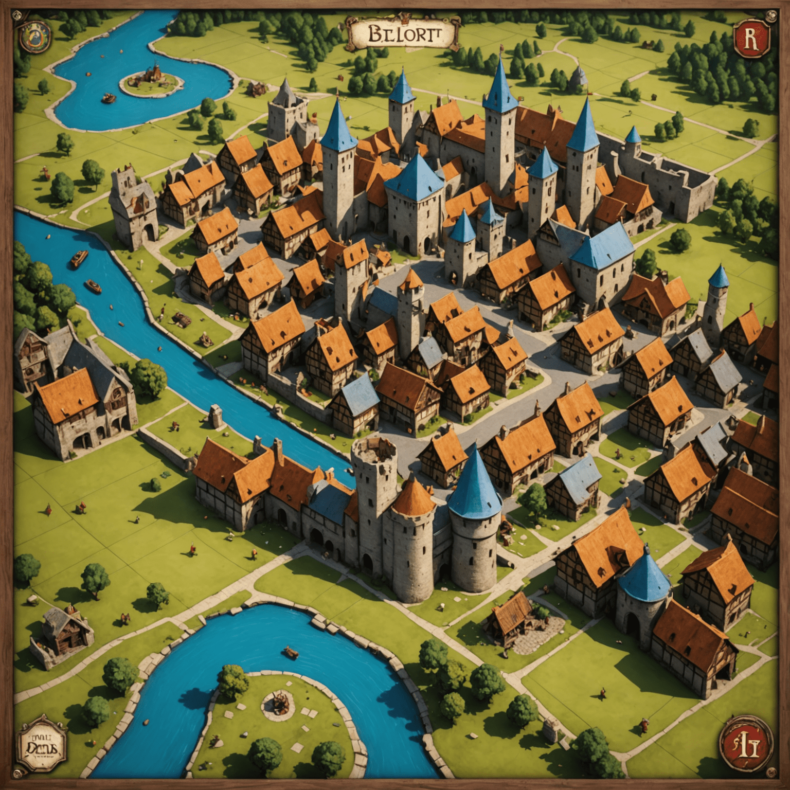 Belfort game board showing a medieval city with player pieces and resource tokens