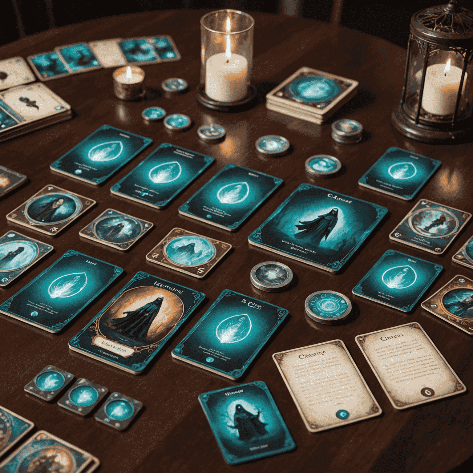 Mysterium game setup with ghost cards, clairvoyance tokens, and the ghost screen