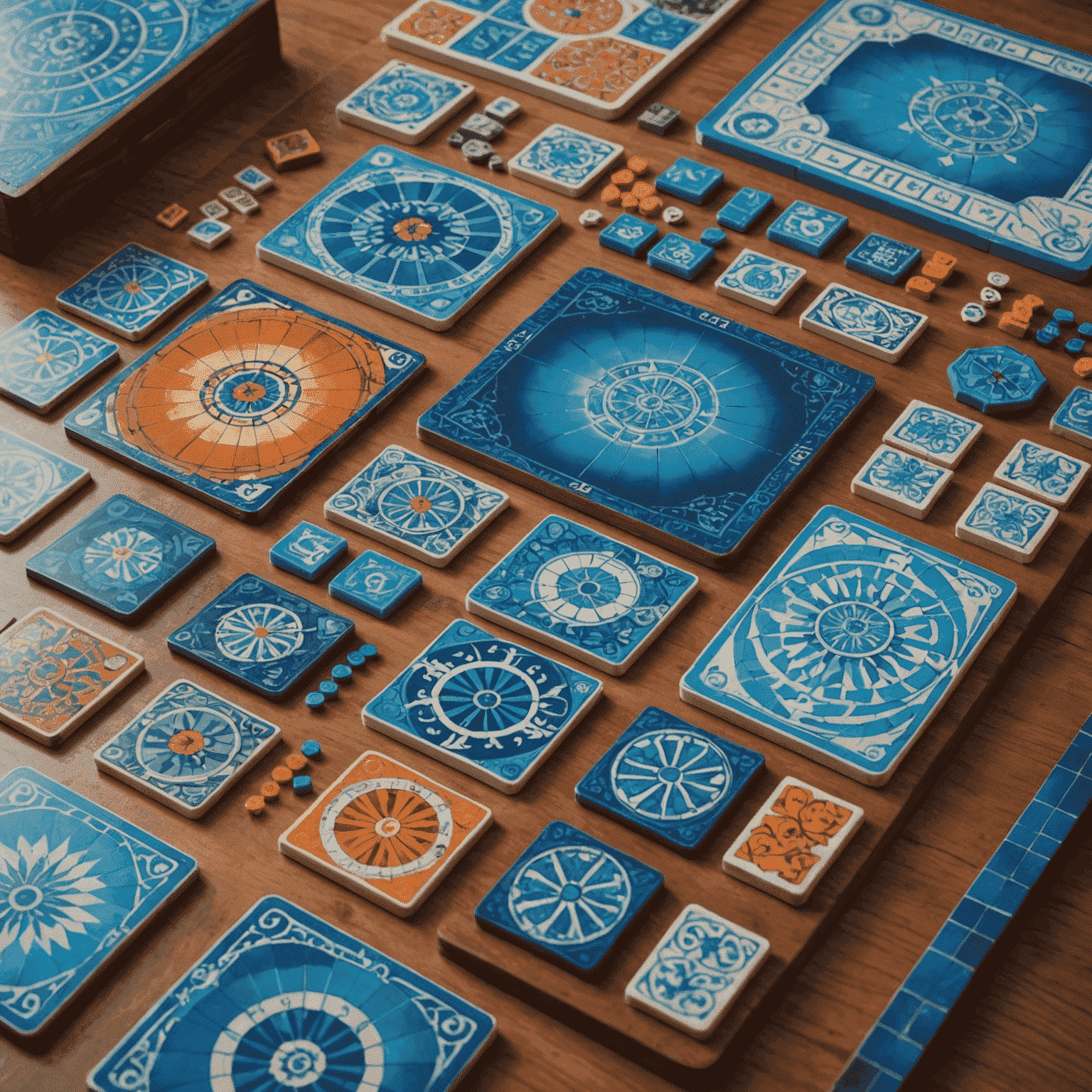 Azul game components including player boards, colorful tiles, and the central market