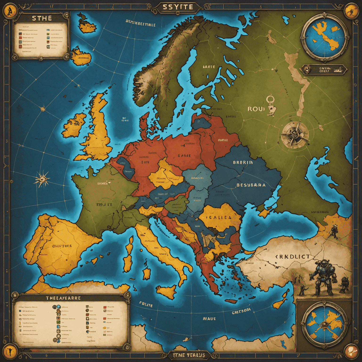 Scythe game board showing a map of Europe with mechs, workers, and resources